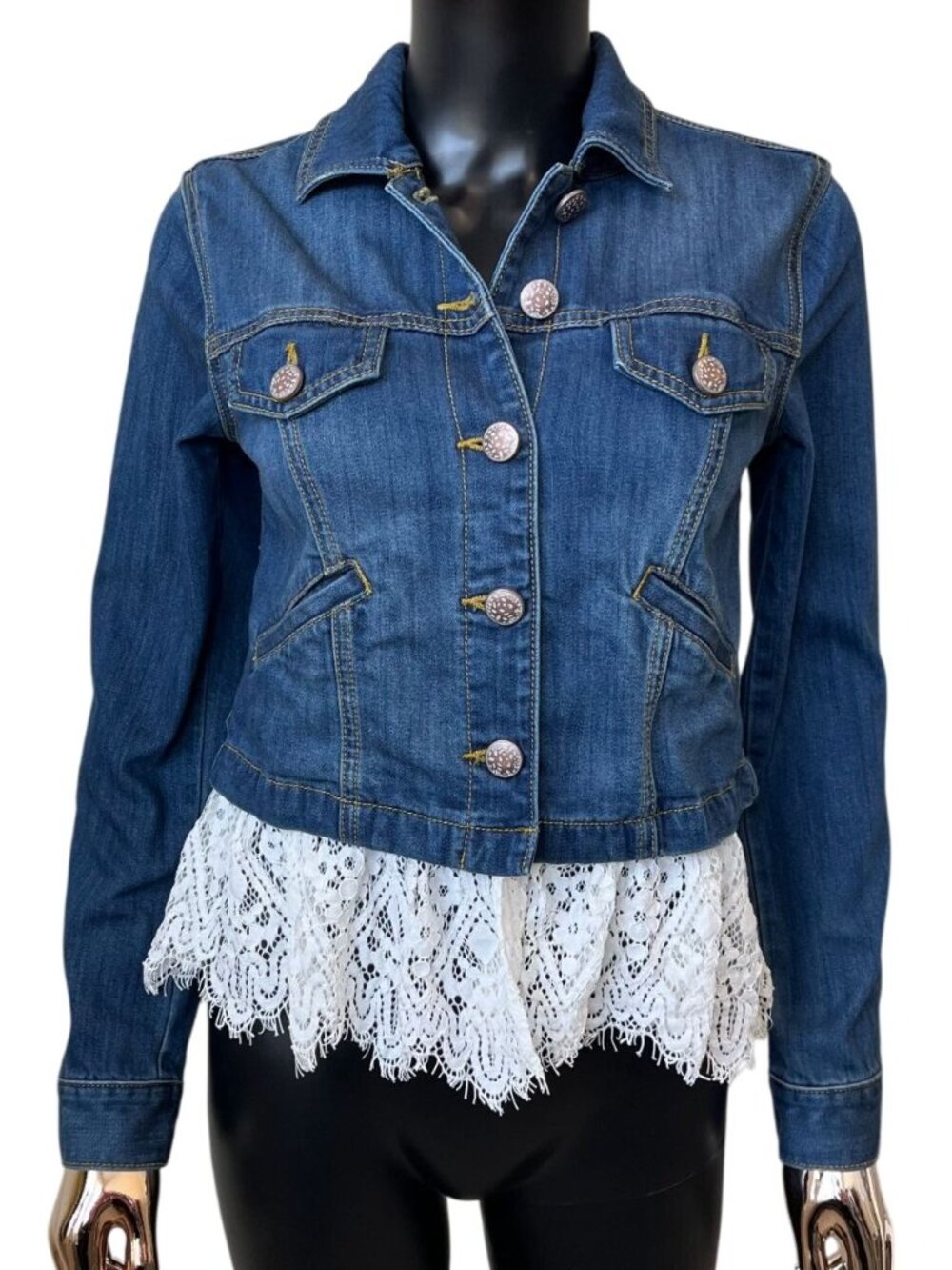 Cabi Dakota Denim Jacket Removable Lace Trim XS #5297